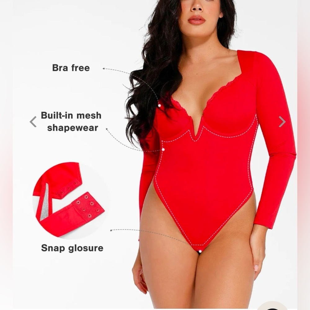 Red Long Sleeve V-Plunge Bodysuit